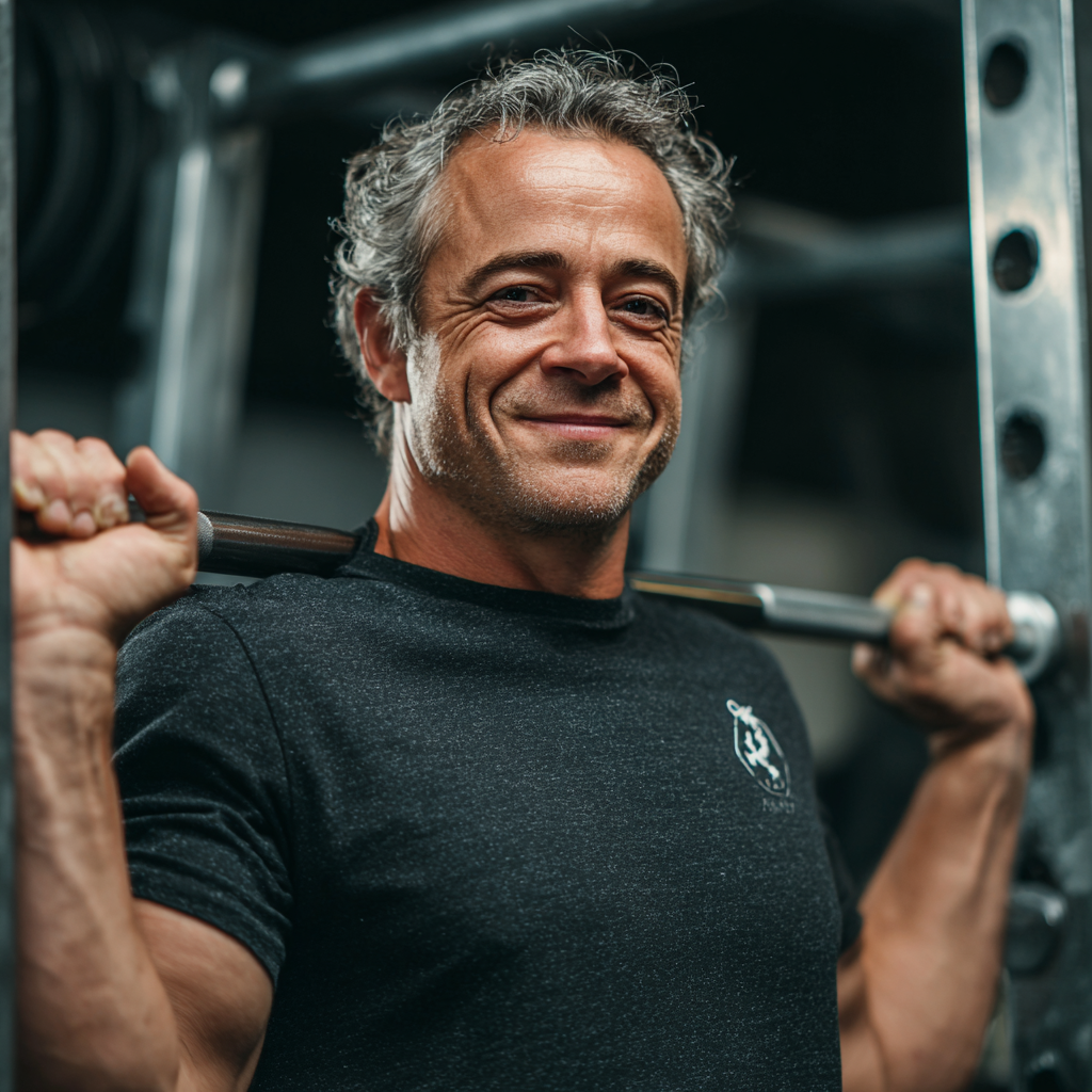 Усміхнена європейська жінка 30-40 років у спортивному одязі тримає гантелі, фотореалістичний стиль