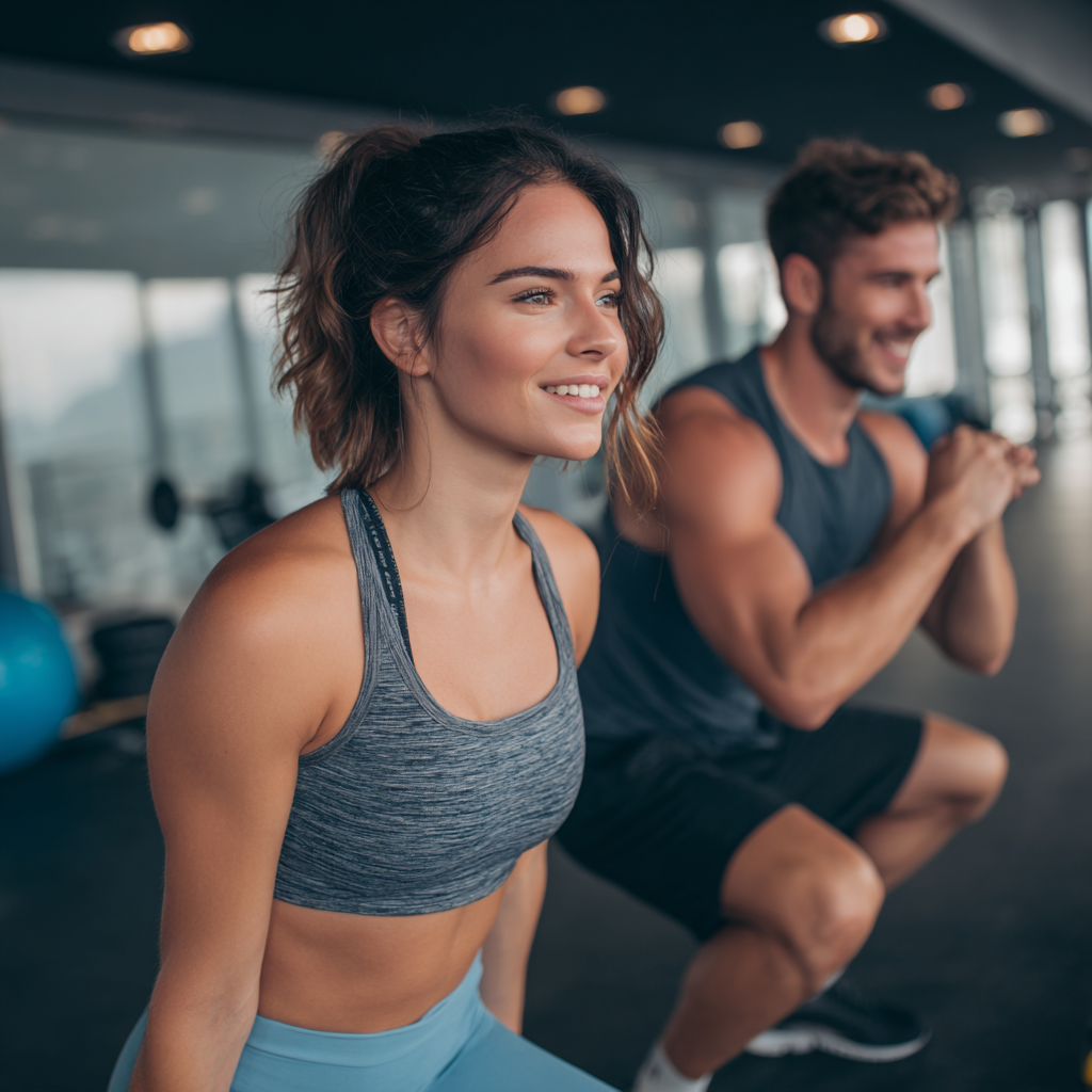 Група усміхнених європейських людей різного віку 25-55 років після тренування в спортзалі, фотореалістичний стиль