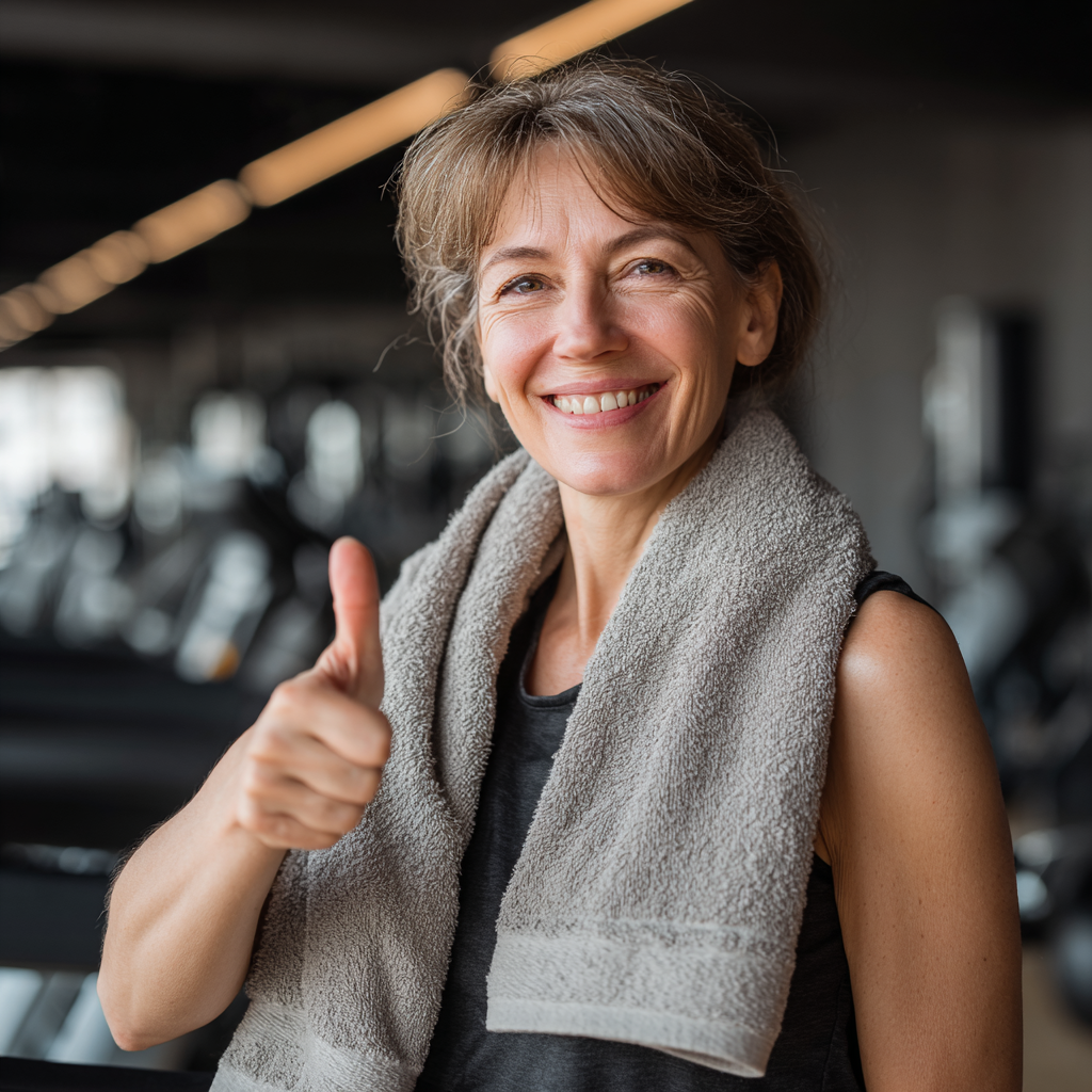 Спокійна усміхнена європейська жінка 25-35 років у зручному спортивному одязі після тренування, фотореалістичний стиль